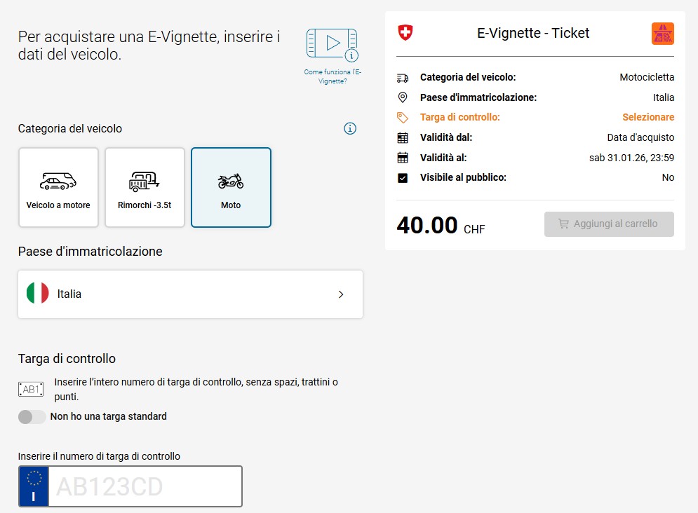 Acquistare vignetta elettronica svizzera con targa italiana